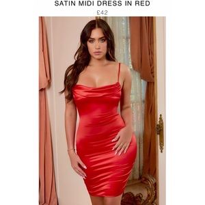 COWL HEARTED COWL NECK SATIN MIDI DRESS IN RED